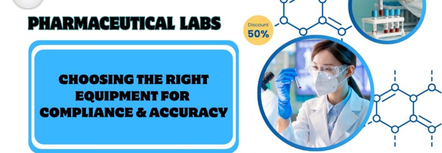 Modern pharmaceutical lab with advanced testing equipment including HPLC system, spectrophotometer, and analytical balances